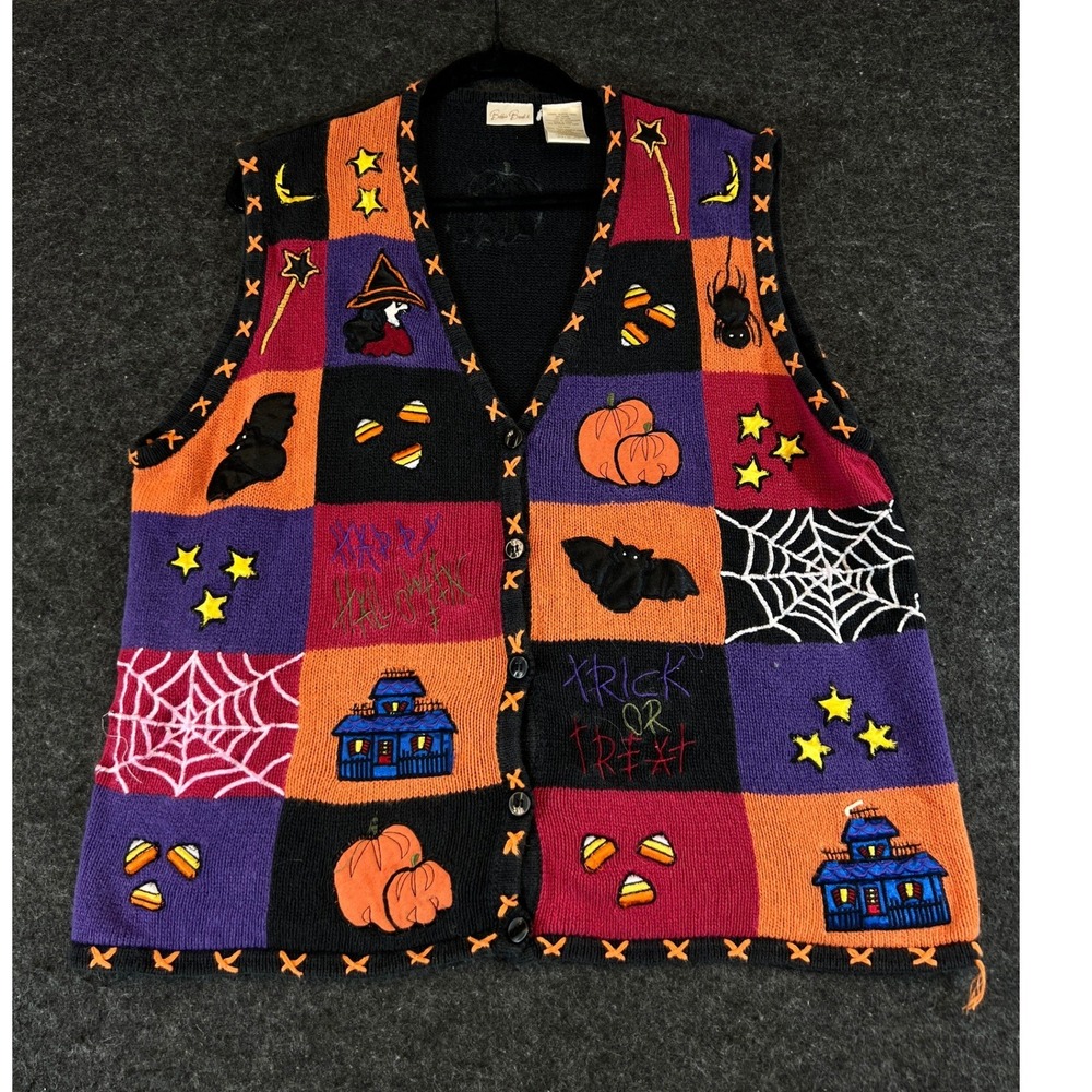 Vintage Halloween Knit Sweater Vest Womens XL Bobbie Brooks Pumpkin Patchwork